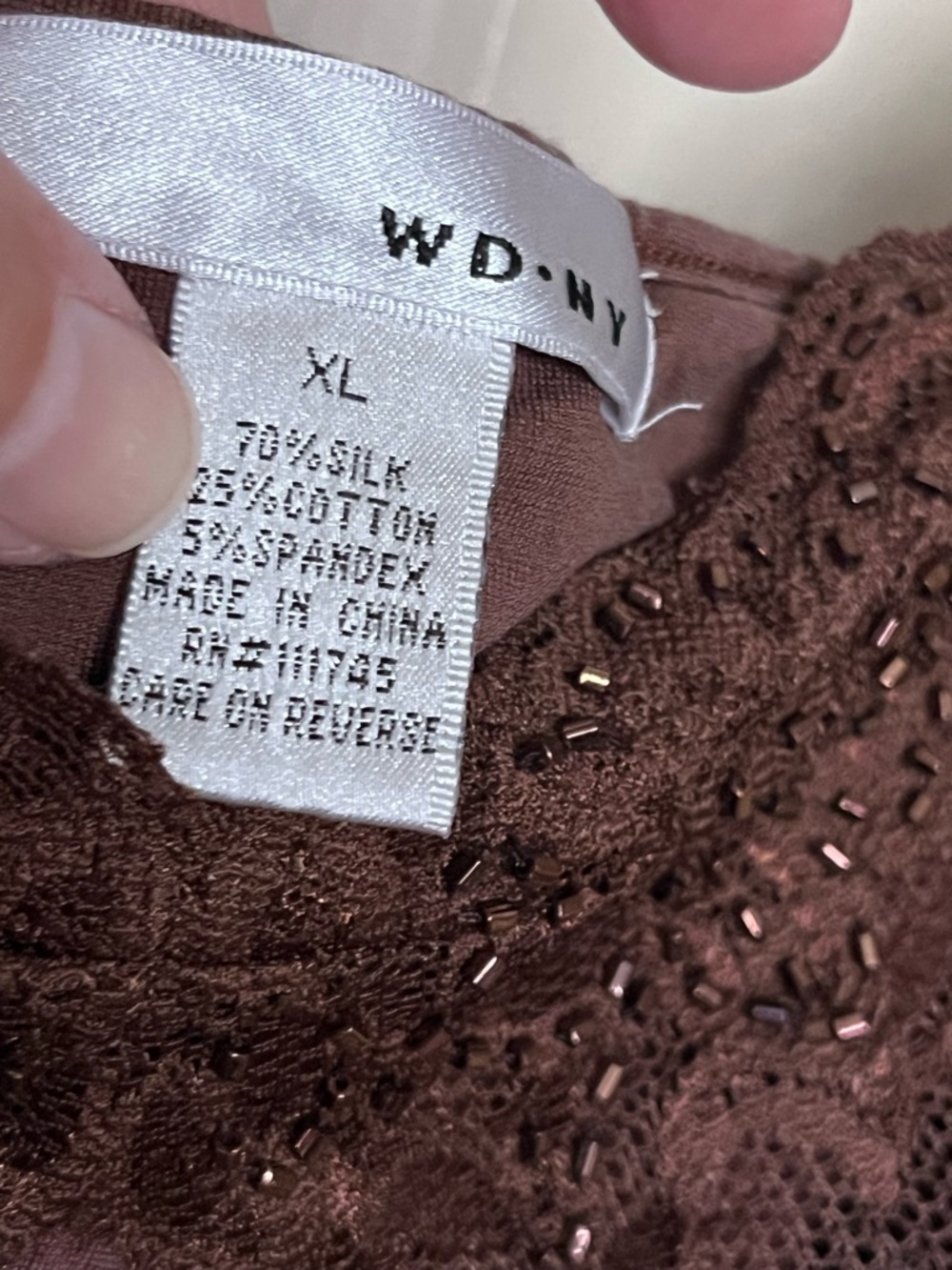 WN.NY Lace and Bead Trim Brown Silk and Cotton Knit Women’s XL Camisole - Picture 3 of 4
